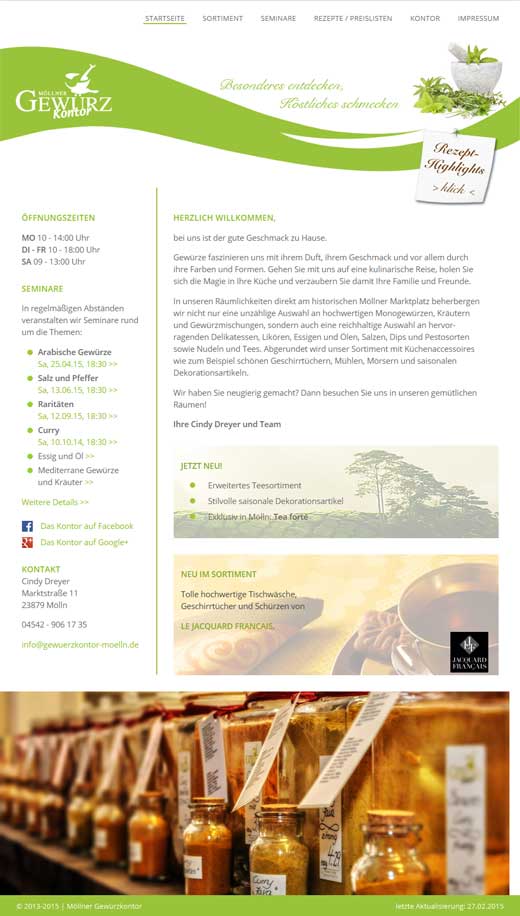 Screenshot der Startseite des Möllner Gewürzkontors
